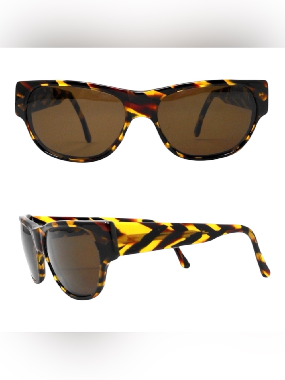 Vintage 1980’s Striped Black & Tan Angular Sunglasses, Handmade‎ in France